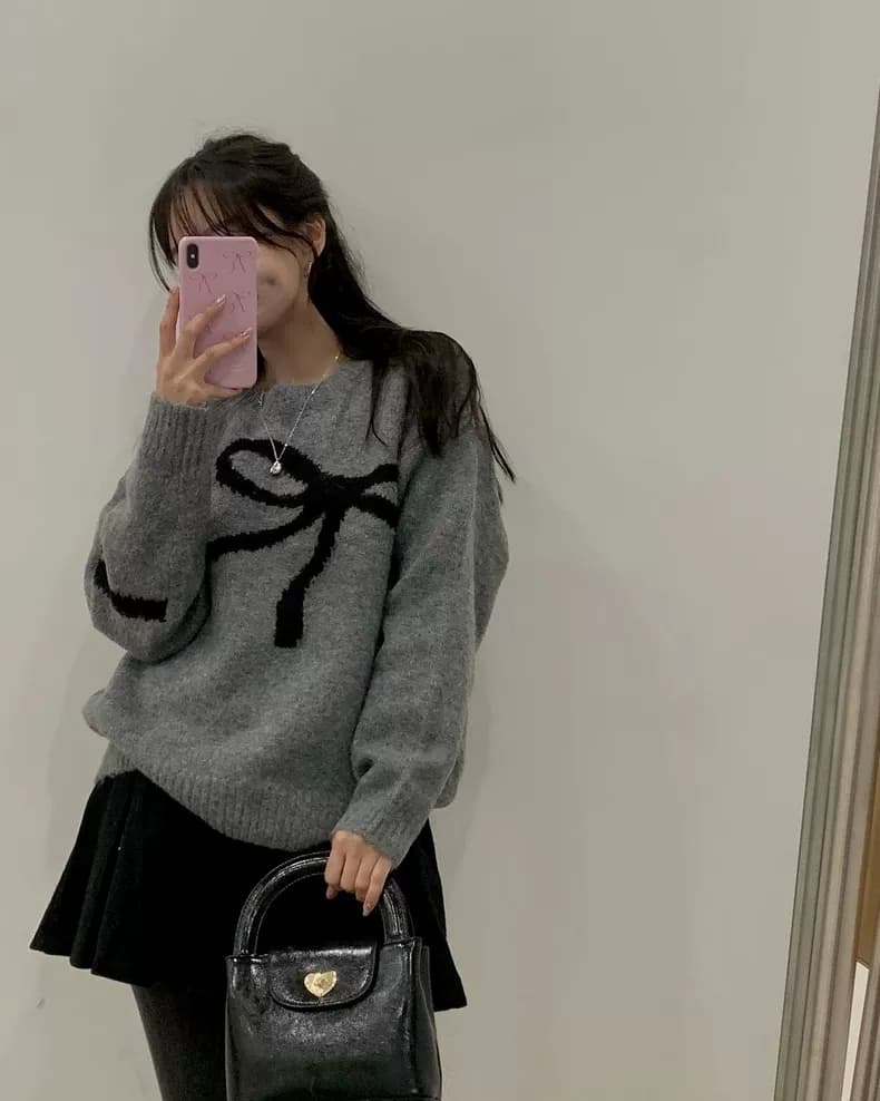 한국 chic 봄 연령 감소 품격 라운드 넥 나비 매듭 자카드 부드러운 찹쌀 루즈핏 다용도 긴팔 니트 스웨터 여자 상세 이미지 11