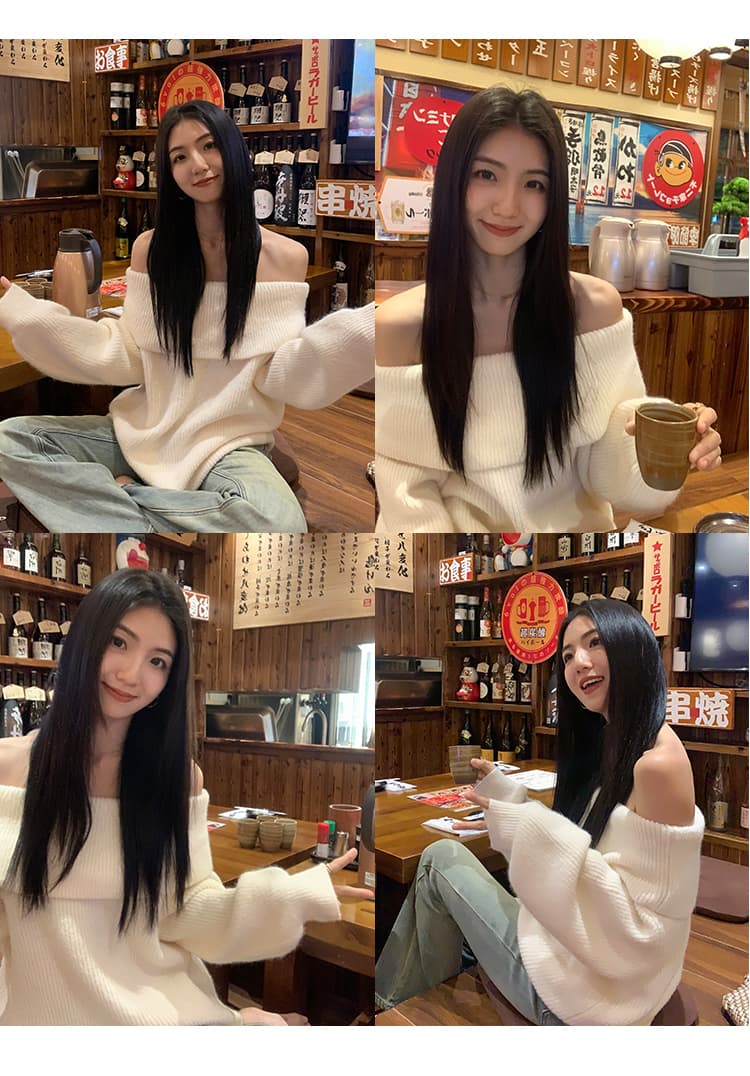 한 부서 오프숄더 가을 겨울 새로운 고급 센스 루즈핏 니트 중간 길이 오프숄더 맨위 상세 이미지 31