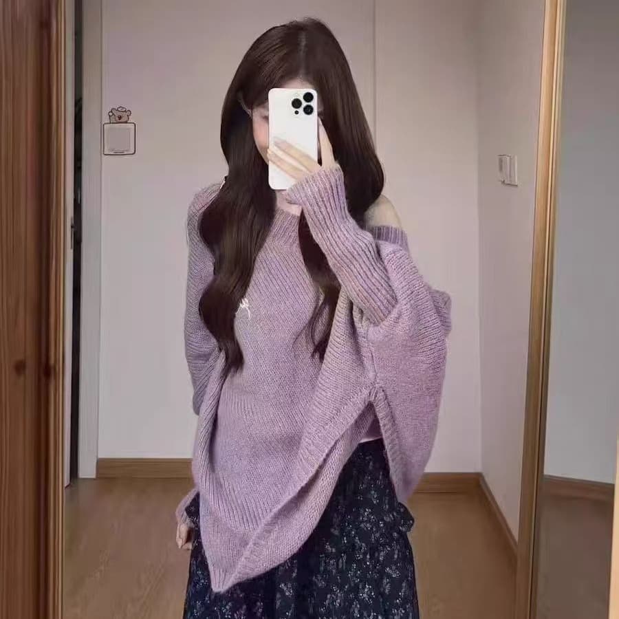불규칙 비스듬한 어깨 자수 스웨터 맨위 여성 작은 키 이른 봄 가을 중간 길이 오프숄더 풀오버 니트 스웨터 이미지 2
