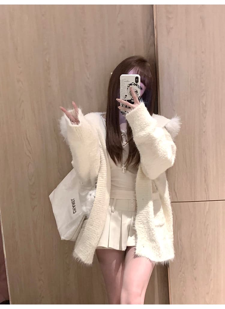 부드러운 찹쌀 스웨터 여성 코트 가을 겨울 단색 다용도 외출용 슬림해 보이는 외국 가스 디자인 센스 주머니 모피 칼라 니트 오픈 가디건 상세 이미지 3