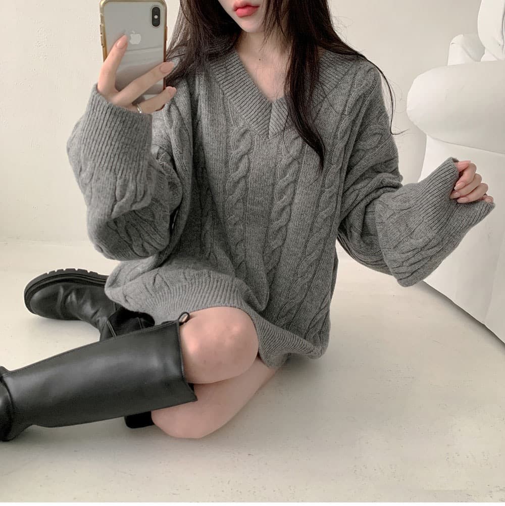 한국 chic 루즈핏 느긋한 가을 겨울 스웨터 여자 꽈배기 구덩이 기사 디자인 센스 미니멀리즘 두꺼움 니트 맨위 상세 이미지 7