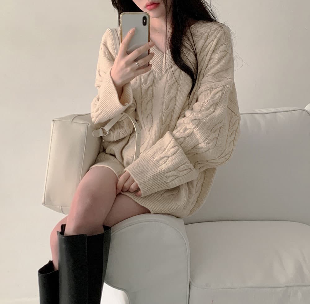 한국 chic 루즈핏 느긋한 가을 겨울 스웨터 여자 꽈배기 구덩이 기사 디자인 센스 미니멀리즘 두꺼움 니트 맨위 상세 이미지 9