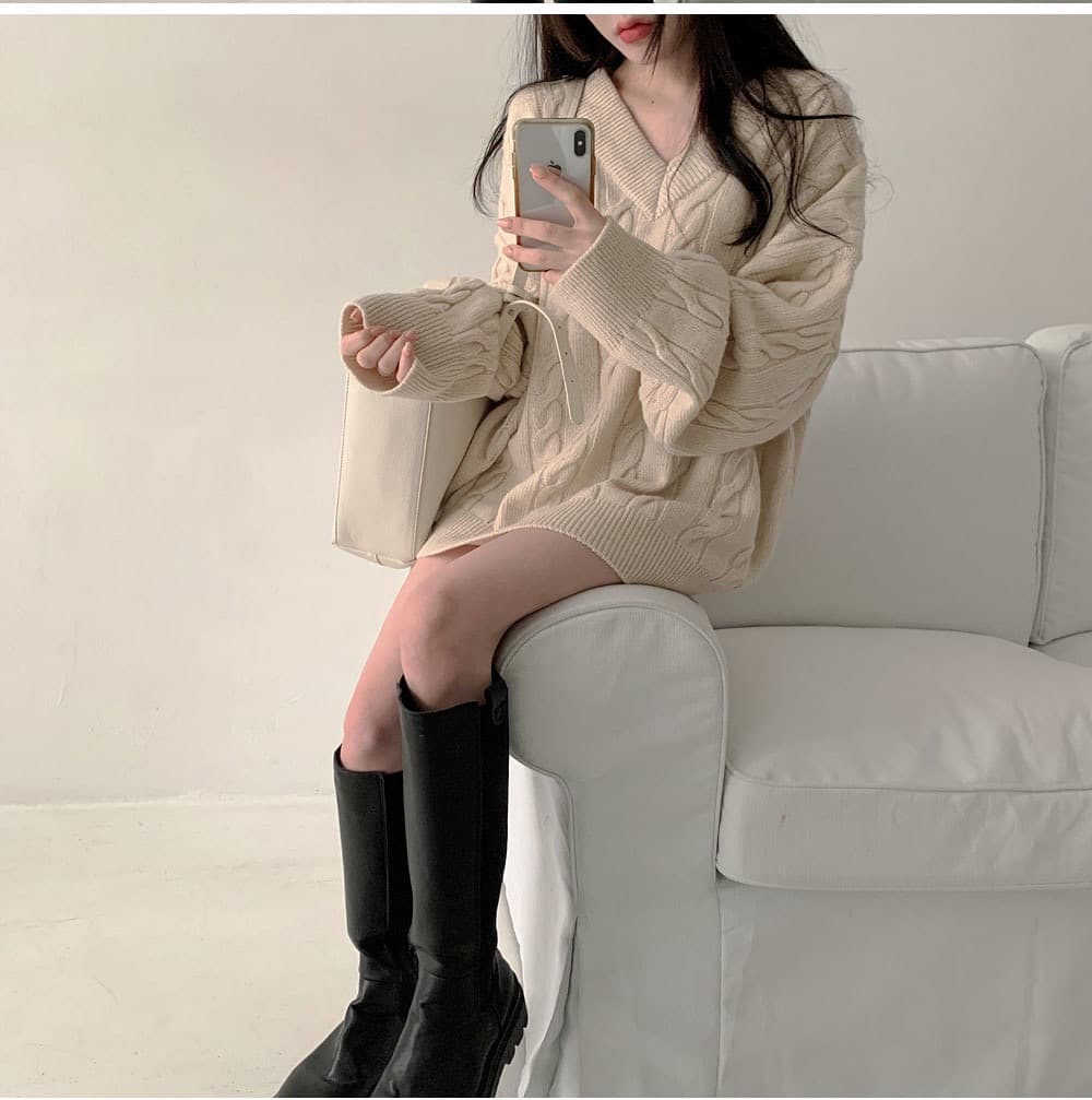 한국 chic 루즈핏 느긋한 가을 겨울 스웨터 여자 꽈배기 구덩이 기사 디자인 센스 미니멀리즘 두꺼움 니트 맨위 상세 이미지 22