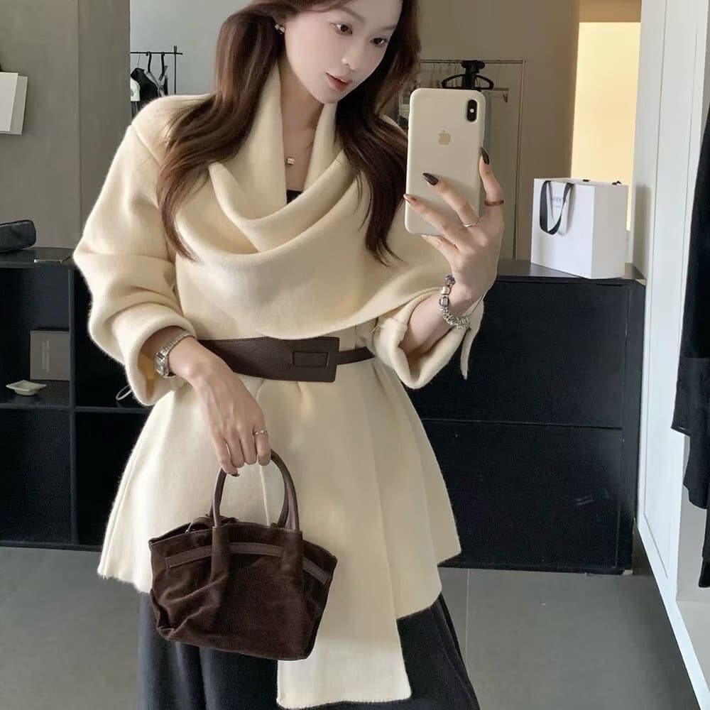 한 부서 품격 느슨함 분위기 센스 스카프 칼라 니트 카디건 코트 디자인 센스 불규칙 재킷 벨트 포함 이미지 2