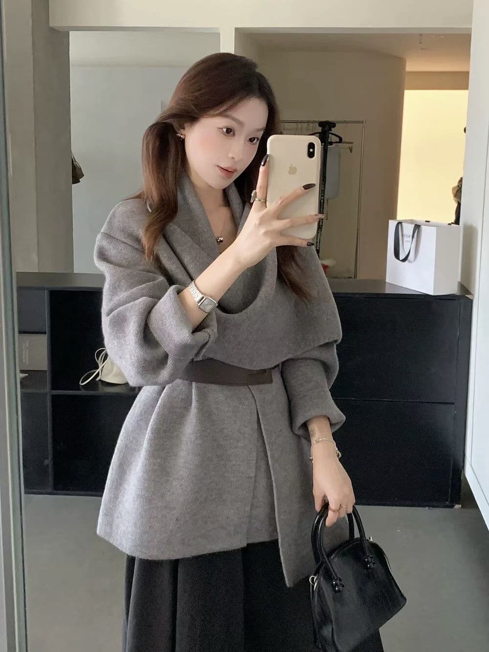 한 부서 품격 느슨함 분위기 센스 스카프 칼라 니트 카디건 코트 디자인 센스 불규칙 재킷 벨트 포함 상세 이미지 2