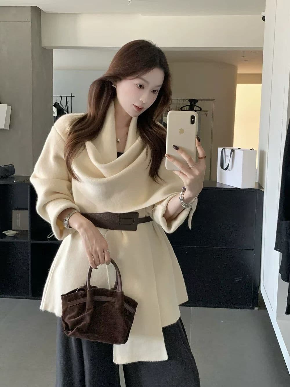 한 부서 품격 느슨함 분위기 센스 스카프 칼라 니트 카디건 코트 디자인 센스 불규칙 재킷 벨트 포함 상세 이미지 4