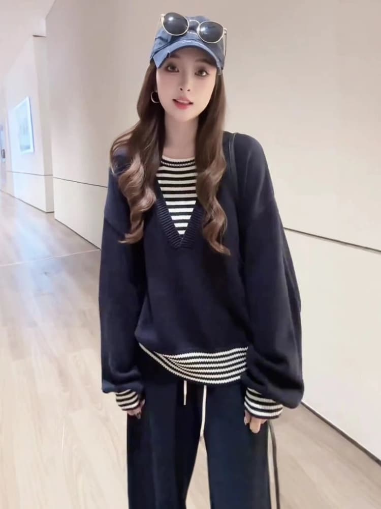 한 부서 느긋한 바람 페이크 레이어드 패치워크 스트라이프 배색 니트 스웨터 여성 2026 가을 겨울 새로운 품격 루즈핏 스웨터 상세 이미지 4