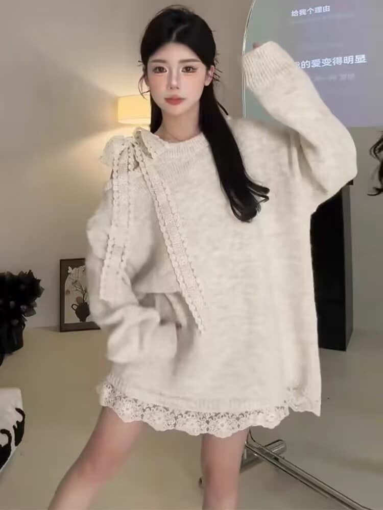 프랑스식 패치워크 레이스 레이스업 나비 매듭 오프숄더 니트 스웨터 여성 겨울 새로운 레트로 루즈핏 느긋한 바람 스웨터 이미지 3