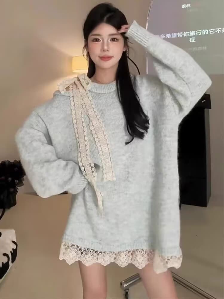 프랑스식 패치워크 레이스 레이스업 나비 매듭 오프숄더 니트 스웨터 여성 겨울 새로운 레트로 루즈핏 느긋한 바람 스웨터 상세 이미지 2