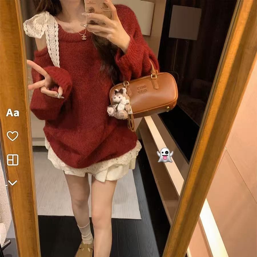 프랑스식 패치워크 레이스 레이스업 나비 매듭 오프숄더 니트 스웨터 여성 겨울 새로운 레트로 루즈핏 느긋한 바람 스웨터 상세 이미지 3