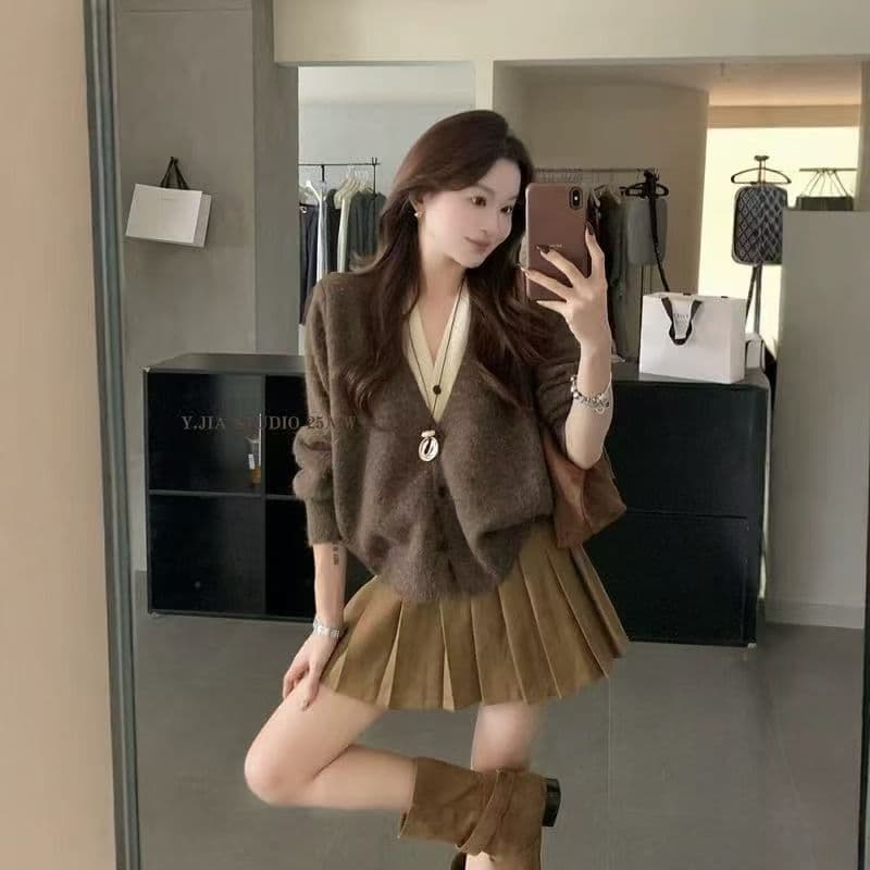 한국 스타일 페이크 레이어드 배색 스웨터 오픈 가디건 여성 가을 겨울 새로운 느슨함 센스 느긋한 바람 루즈핏 다용도 니트 맨위 상세 이미지 1