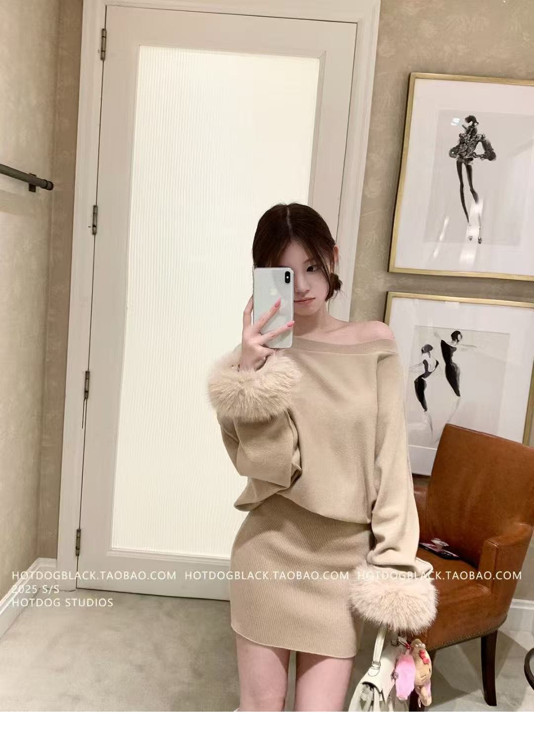 섹시함 비스듬한 칼라 오프숄더 긴팔 니트 스웨터 여성 가을 모피 패치워크 루즈핏 풀오버 느긋한 다용도 맨위 상세 이미지 12