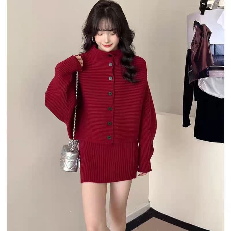 한 부서 루즈핏 느긋한 바람 2026 가을 겨울 새로운 싱글 줄 버튼 품격 단색 스웨터 슬림해 보이는 반신 치마 세트 상세 이미지 1