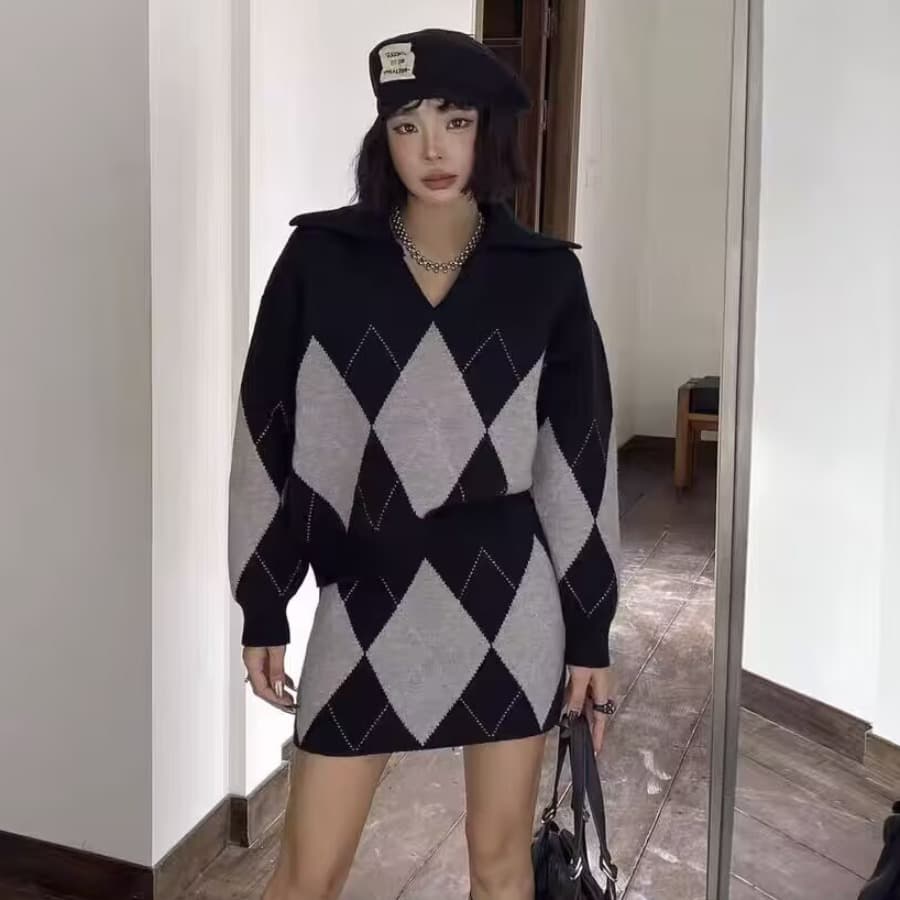 배색 다이아몬드 모양 그리드 V넥 스웨터 미니 스커트 두 조각 여성 세트 가을 겨울 루즈핏 느긋한 두꺼운 니트 세트