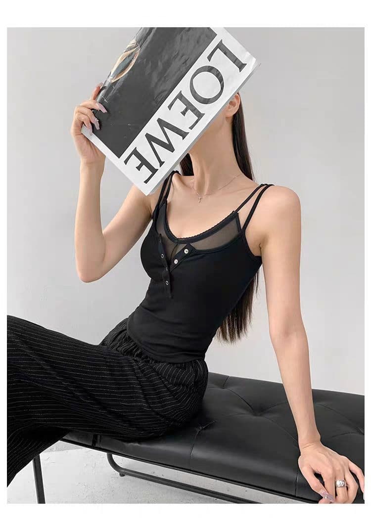 여름 새로운 순수한 욕망 바람 페이크 레이어드 단추 캐미솔 몸매 가꾸기 슬림해 보이는 고정 벨트 가슴 패드 의류 상세 이미지 3
