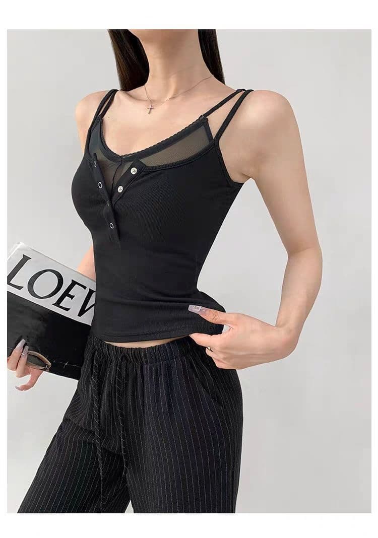 여름 새로운 순수한 욕망 바람 페이크 레이어드 단추 캐미솔 몸매 가꾸기 슬림해 보이는 고정 벨트 가슴 패드 의류 상세 이미지 7