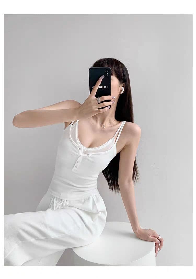 여름 새로운 순수한 욕망 바람 페이크 레이어드 단추 캐미솔 몸매 가꾸기 슬림해 보이는 고정 벨트 가슴 패드 의류 상세 이미지 8