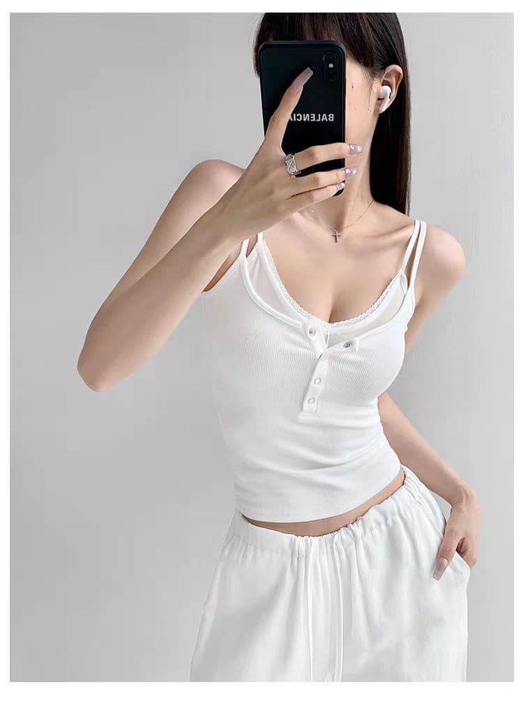 여름 새로운 순수한 욕망 바람 페이크 레이어드 단추 캐미솔 몸매 가꾸기 슬림해 보이는 고정 벨트 가슴 패드 의류 상세 이미지 9