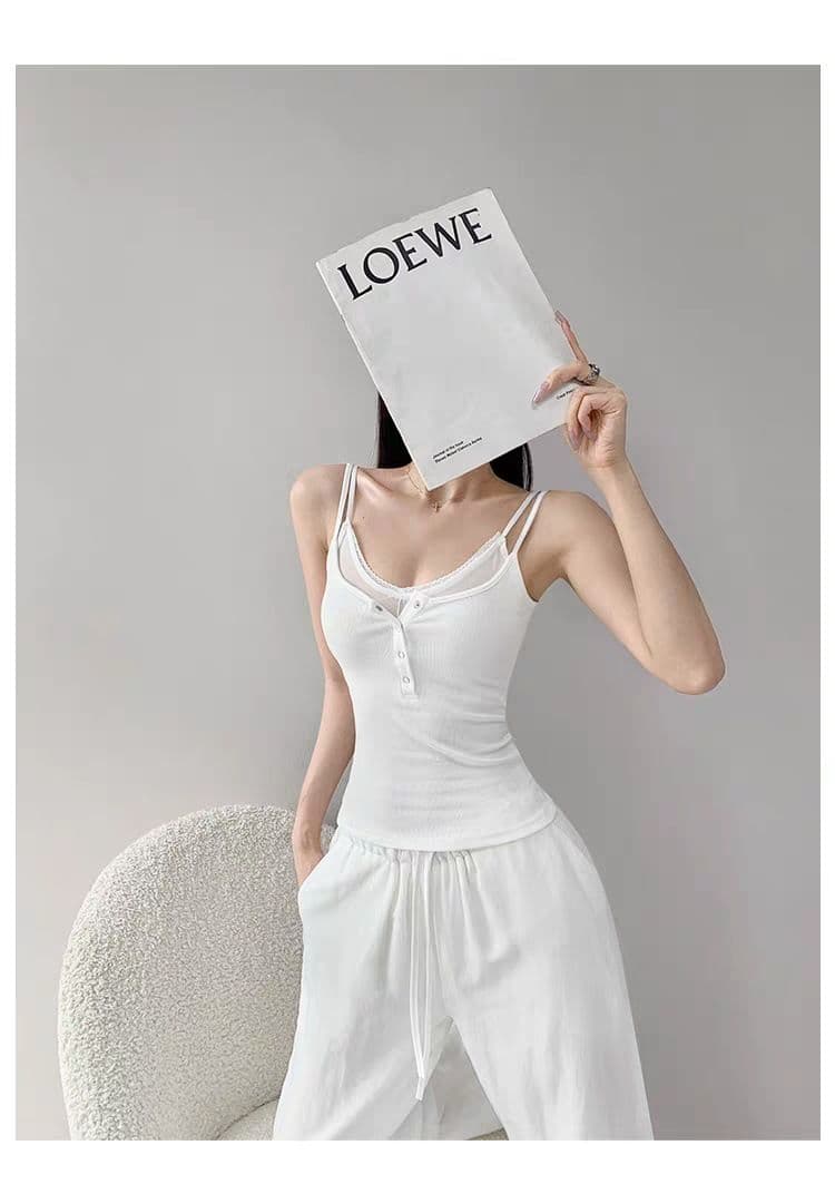 여름 새로운 순수한 욕망 바람 페이크 레이어드 단추 캐미솔 몸매 가꾸기 슬림해 보이는 고정 벨트 가슴 패드 의류 상세 이미지 10