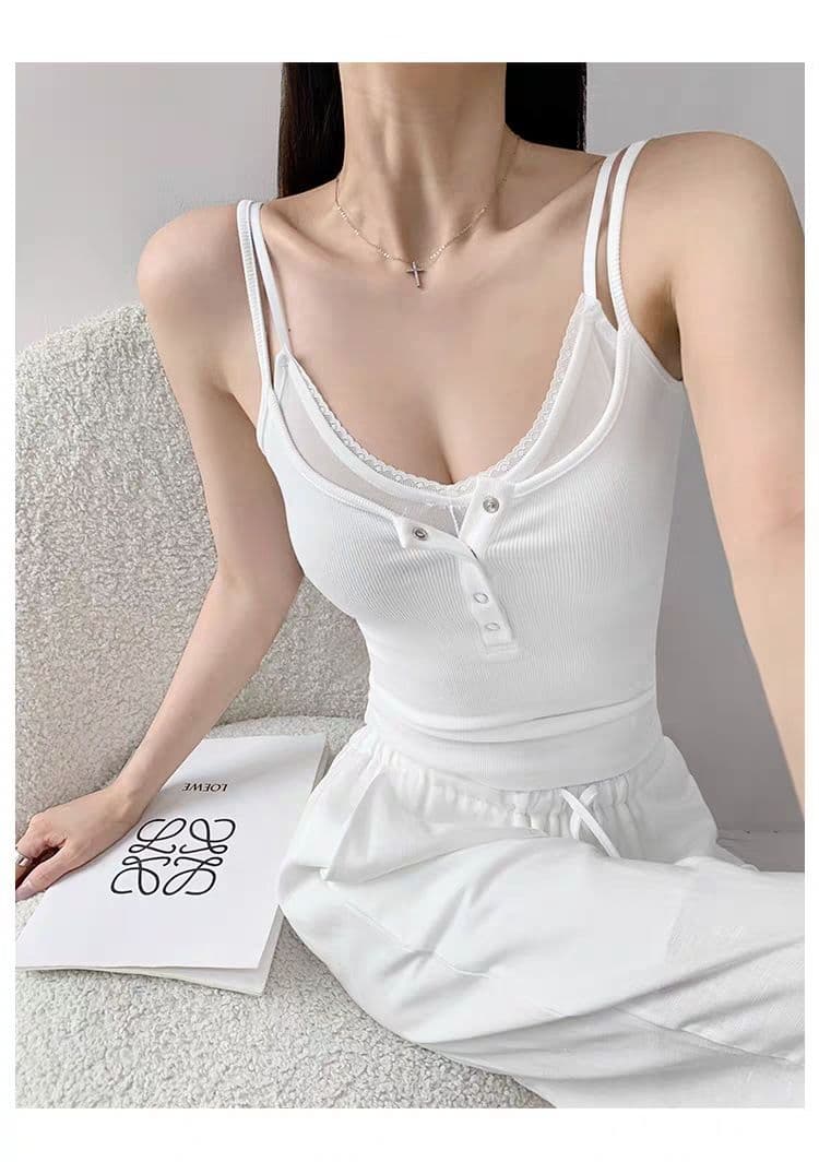 여름 새로운 순수한 욕망 바람 페이크 레이어드 단추 캐미솔 몸매 가꾸기 슬림해 보이는 고정 벨트 가슴 패드 의류 상세 이미지 14