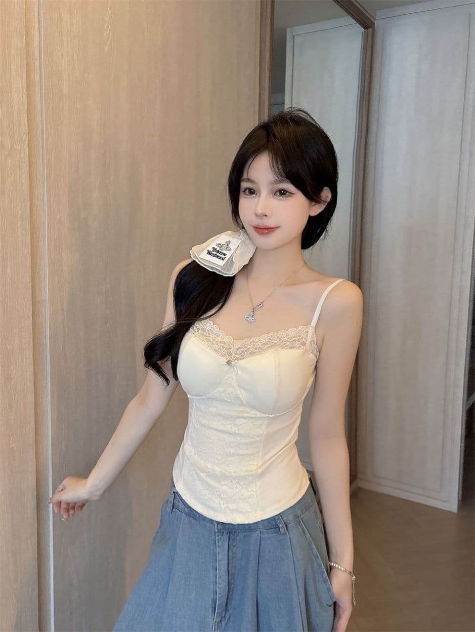 여름 새로운 순수한 욕망 바람 레이스 레이스 패치워크 캐미솔 몸매 가꾸기 원피스 벨트 가슴 패드 여성 상세 이미지 4
