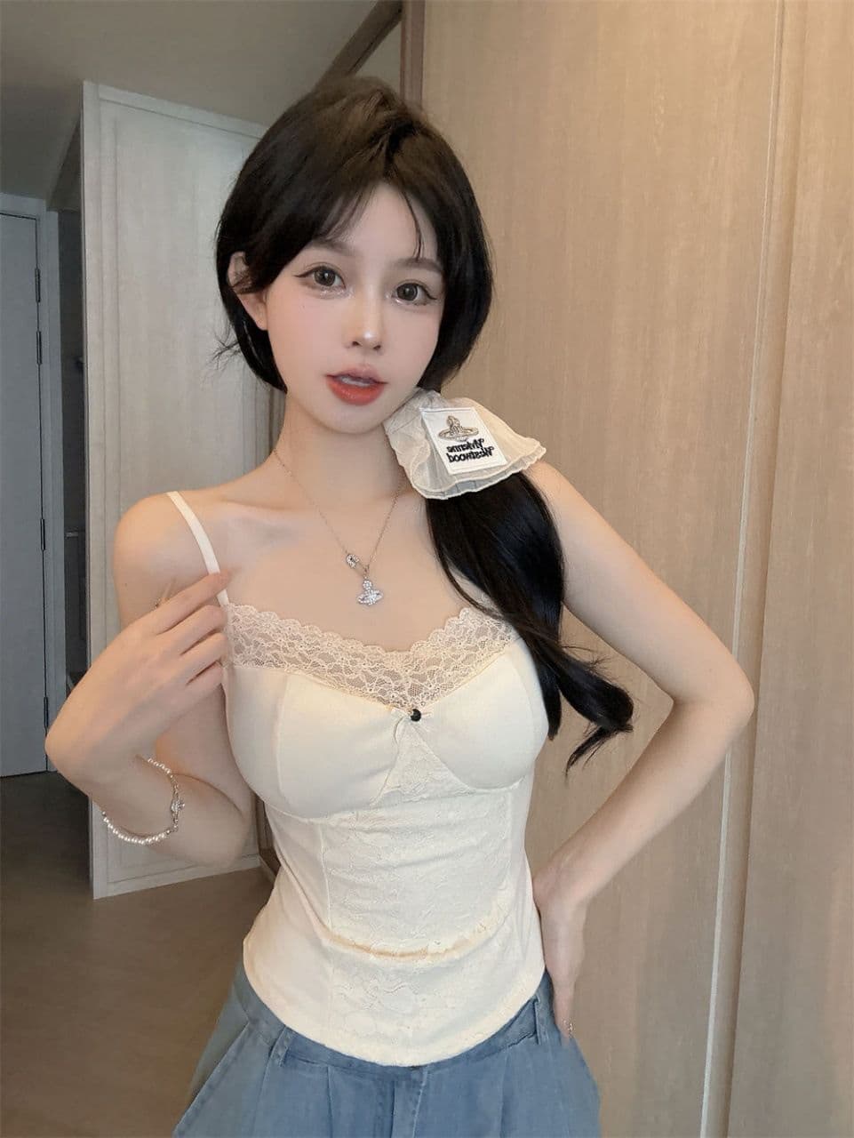 여름 새로운 순수한 욕망 바람 레이스 레이스 패치워크 캐미솔 몸매 가꾸기 원피스 벨트 가슴 패드 여성 상세 이미지 6