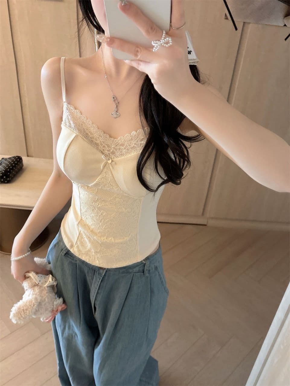 여름 새로운 순수한 욕망 바람 레이스 레이스 패치워크 캐미솔 몸매 가꾸기 원피스 벨트 가슴 패드 여성 상세 이미지 10