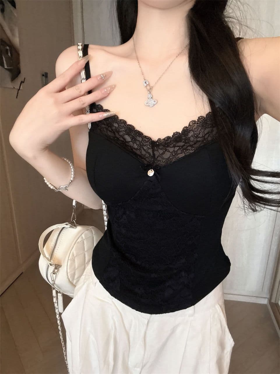 여름 새로운 순수한 욕망 바람 레이스 레이스 패치워크 캐미솔 몸매 가꾸기 원피스 벨트 가슴 패드 여성 상세 이미지 14