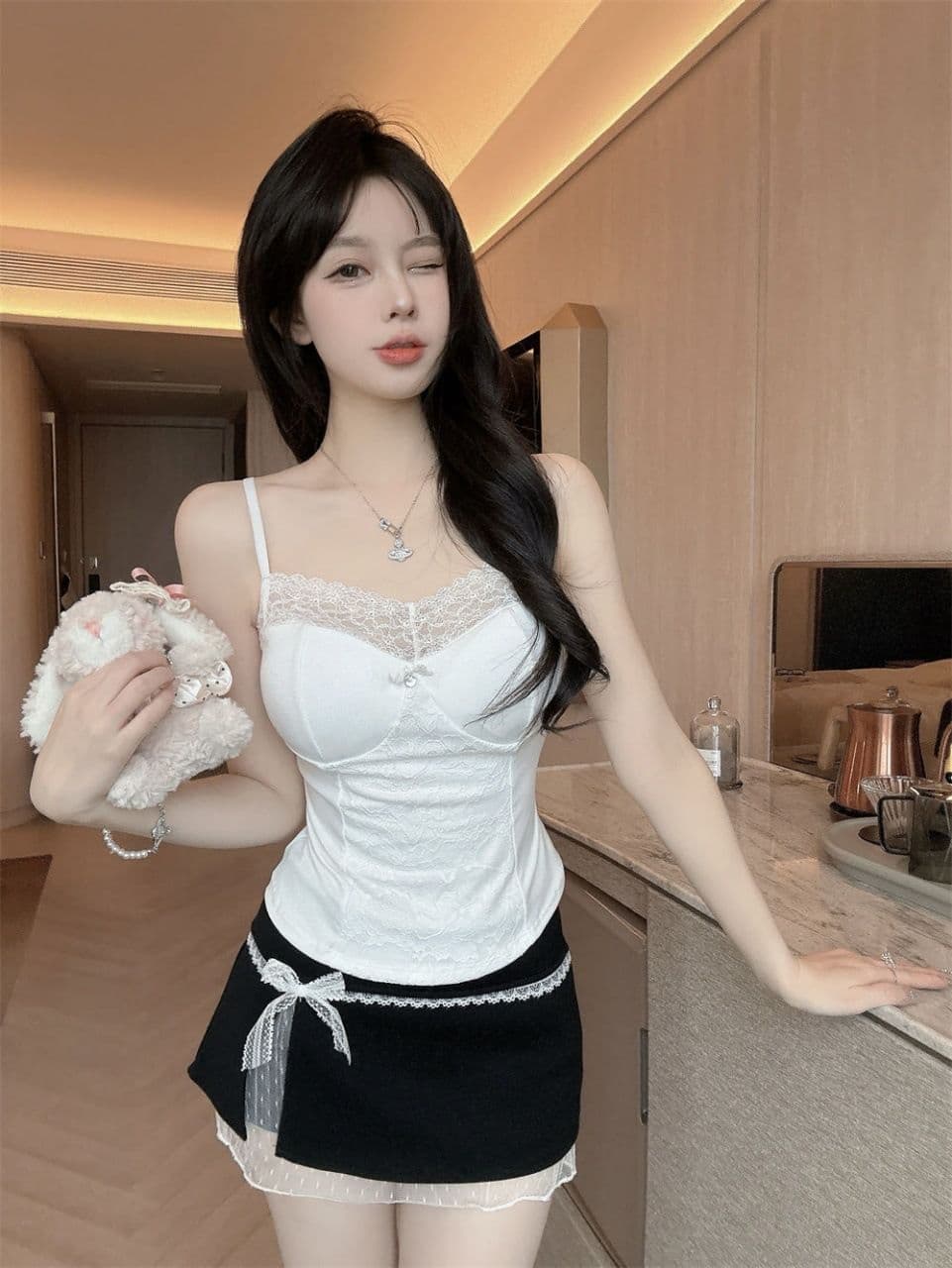 여름 새로운 순수한 욕망 바람 레이스 레이스 패치워크 캐미솔 몸매 가꾸기 원피스 벨트 가슴 패드 여성 상세 이미지 16