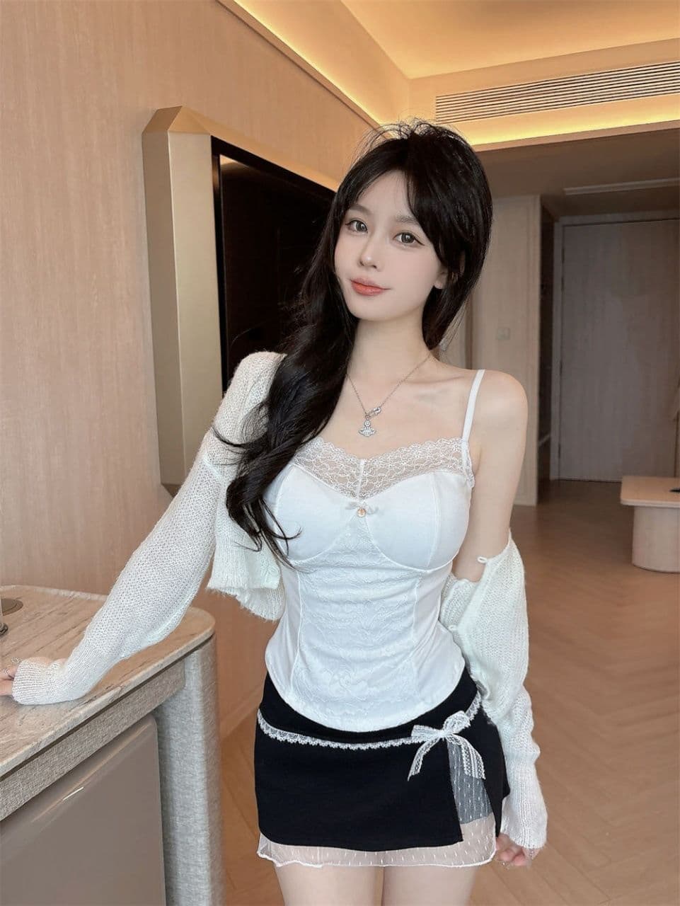 여름 새로운 순수한 욕망 바람 레이스 레이스 패치워크 캐미솔 몸매 가꾸기 원피스 벨트 가슴 패드 여성 상세 이미지 17