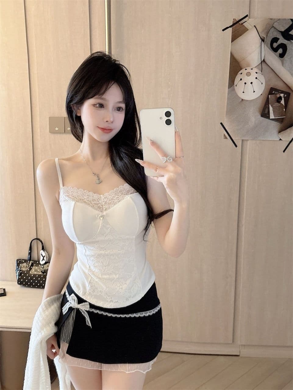 여름 새로운 순수한 욕망 바람 레이스 레이스 패치워크 캐미솔 몸매 가꾸기 원피스 벨트 가슴 패드 여성 상세 이미지 18