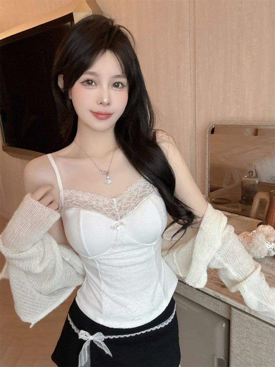 여름 새로운 순수한 욕망 바람 레이스 레이스 패치워크 캐미솔 몸매 가꾸기 원피스 벨트 가슴 패드 여성 상세 이미지 20