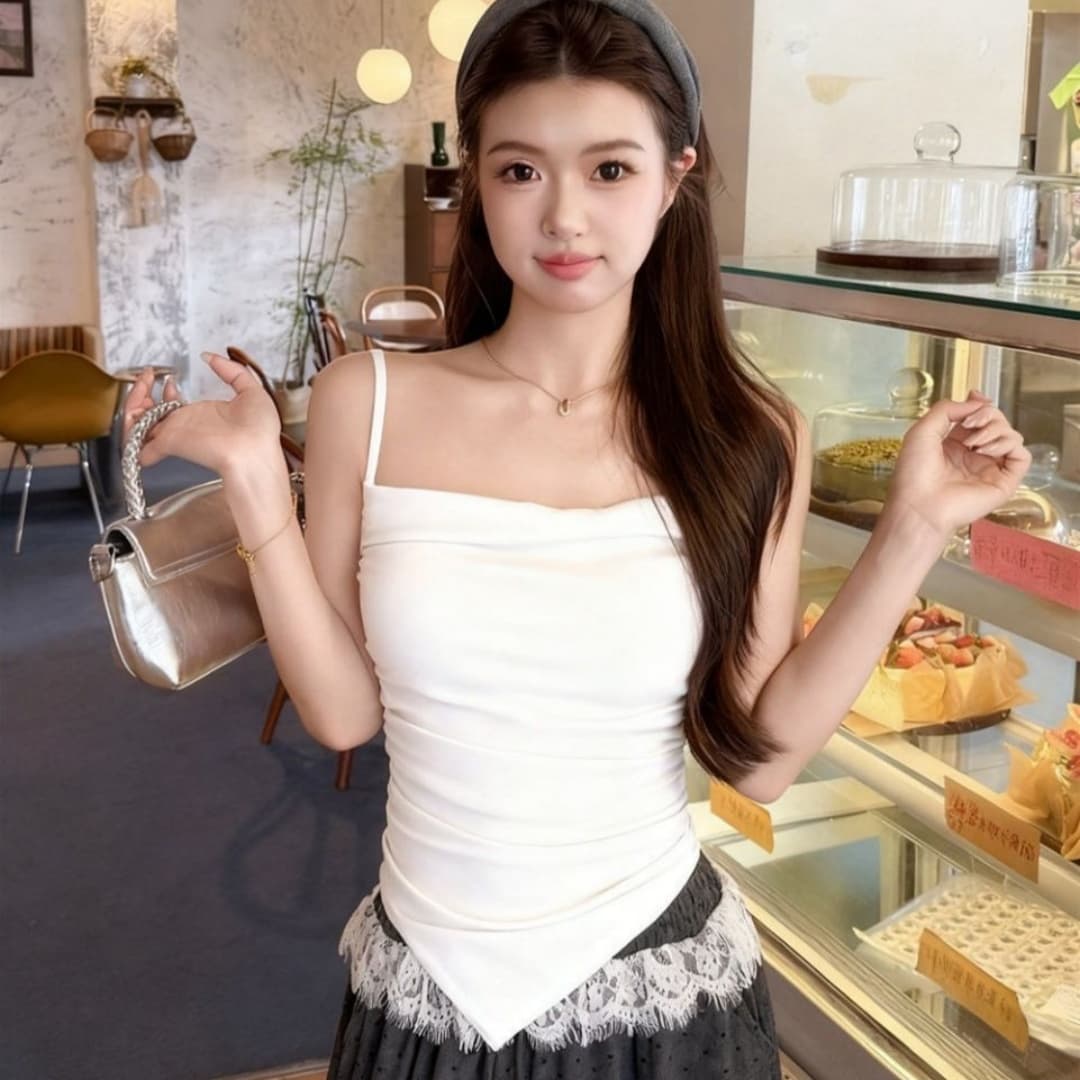 여름 새로운 순수한 욕망 바람 주름 디자인 캐미솔 몸매 가꾸기 슬림해 보이는 여성 고정 벨트 가슴 패드 의류 이미지 4