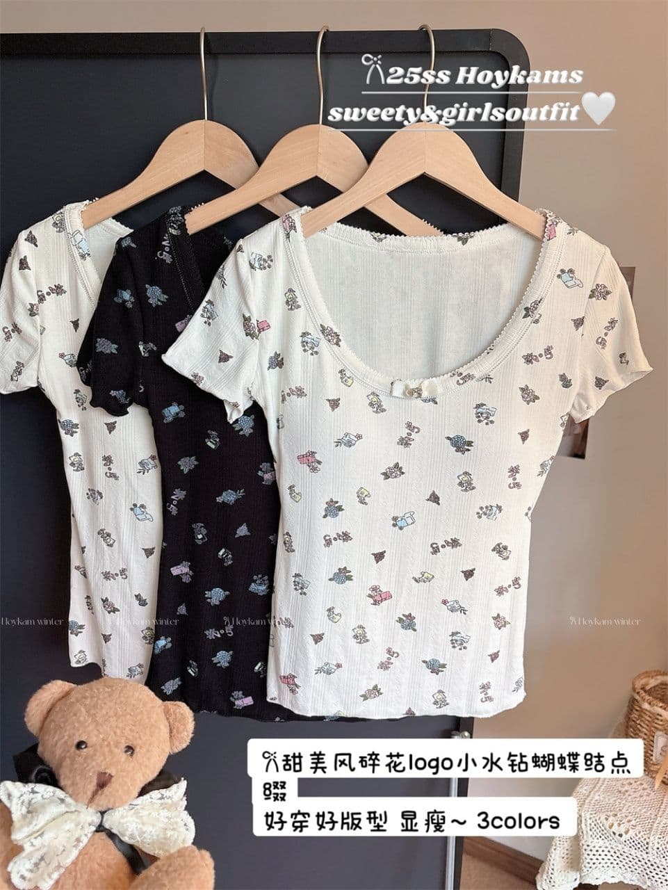 한 부서 화이트 꽃무늬 라운드 넥 긍정적 인 어깨 반팔 티셔츠 여성 봄 여름 밑단 쇼트 스타일 몸매 가꾸기 하이웨이스트 맨위 상세 이미지 4