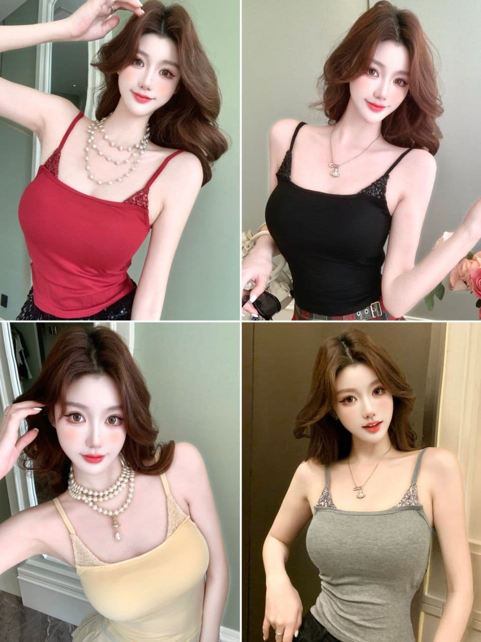 여름 새로운 핫걸 바람 스팽글 패치워크 캐미솔 몸매 가꾸기 슬림해 보이는 여성 고정 벨트 가슴 패드 의류 상세 이미지 1