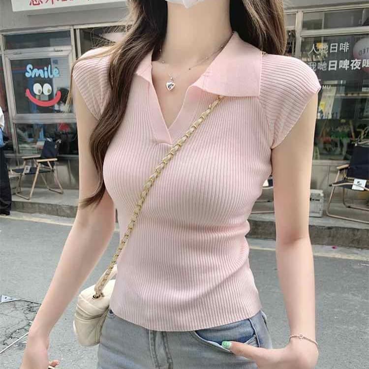 한 부서 단색 POLO 칼라 작은 날다 소매 티셔츠 여성 여름 새로운 구덩이 기사 몸매 가꾸기 슬림해 보이는 얇은 스타일 짧은 맨위