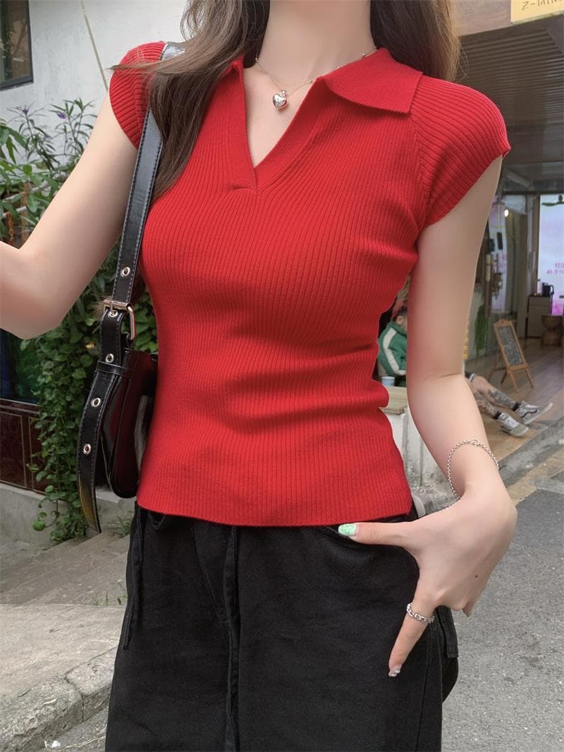 한 부서 단색 POLO 칼라 작은 날다 소매 티셔츠 여성 여름 새로운 구덩이 기사 몸매 가꾸기 슬림해 보이는 얇은 스타일 짧은 맨위 상세 이미지 5