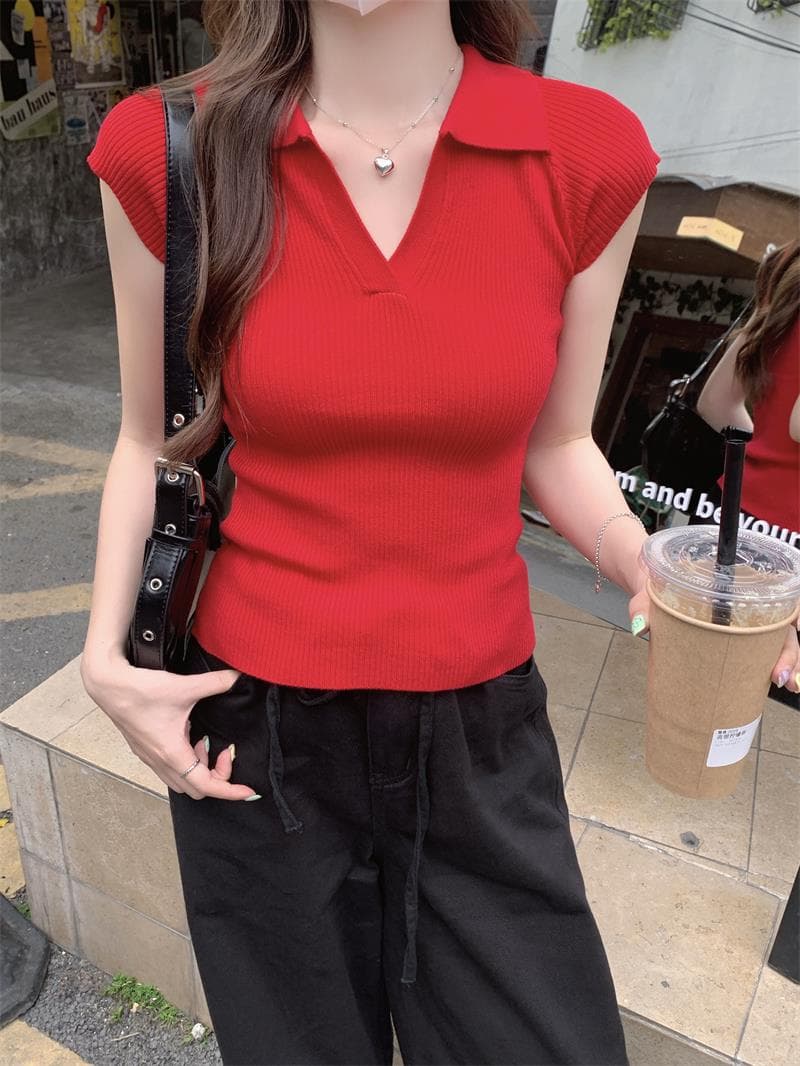 한 부서 단색 POLO 칼라 작은 날다 소매 티셔츠 여성 여름 새로운 구덩이 기사 몸매 가꾸기 슬림해 보이는 얇은 스타일 짧은 맨위 상세 이미지 7