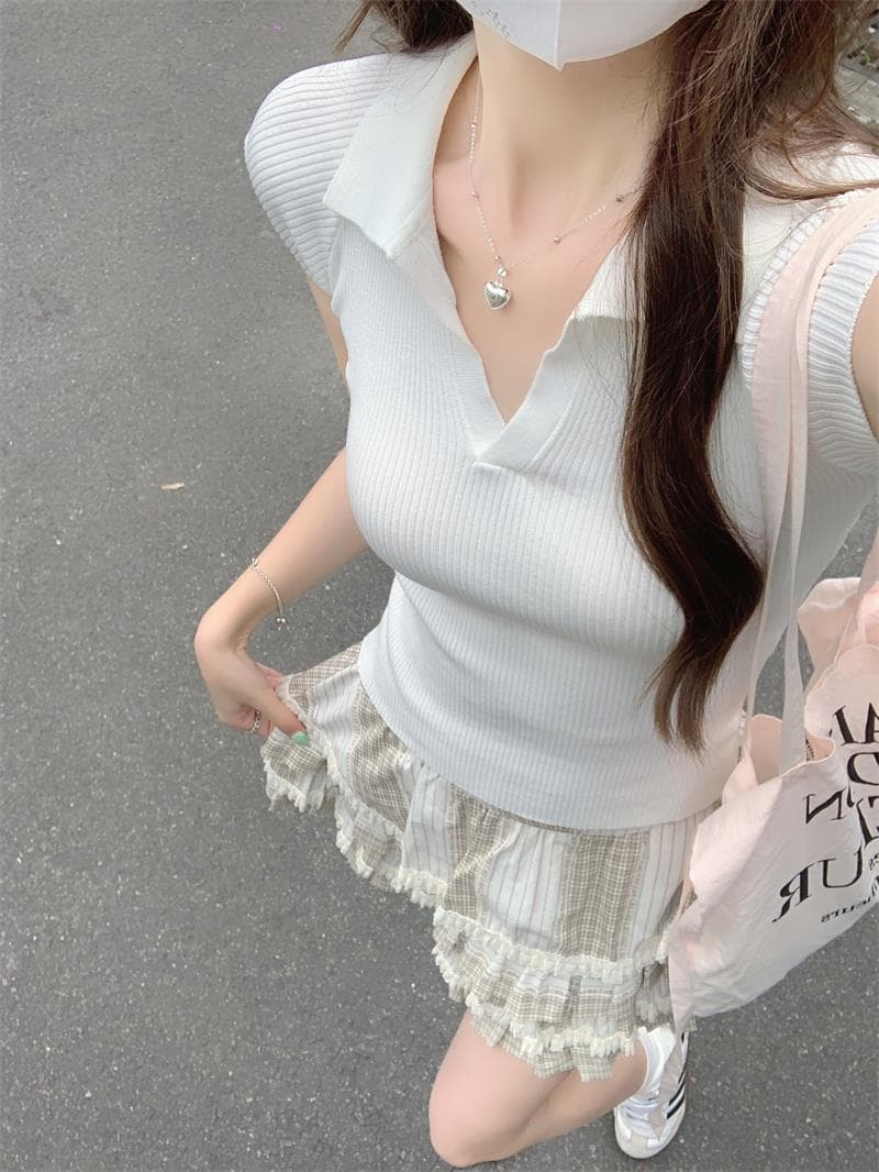 한 부서 단색 POLO 칼라 작은 날다 소매 티셔츠 여성 여름 새로운 구덩이 기사 몸매 가꾸기 슬림해 보이는 얇은 스타일 짧은 맨위 상세 이미지 28