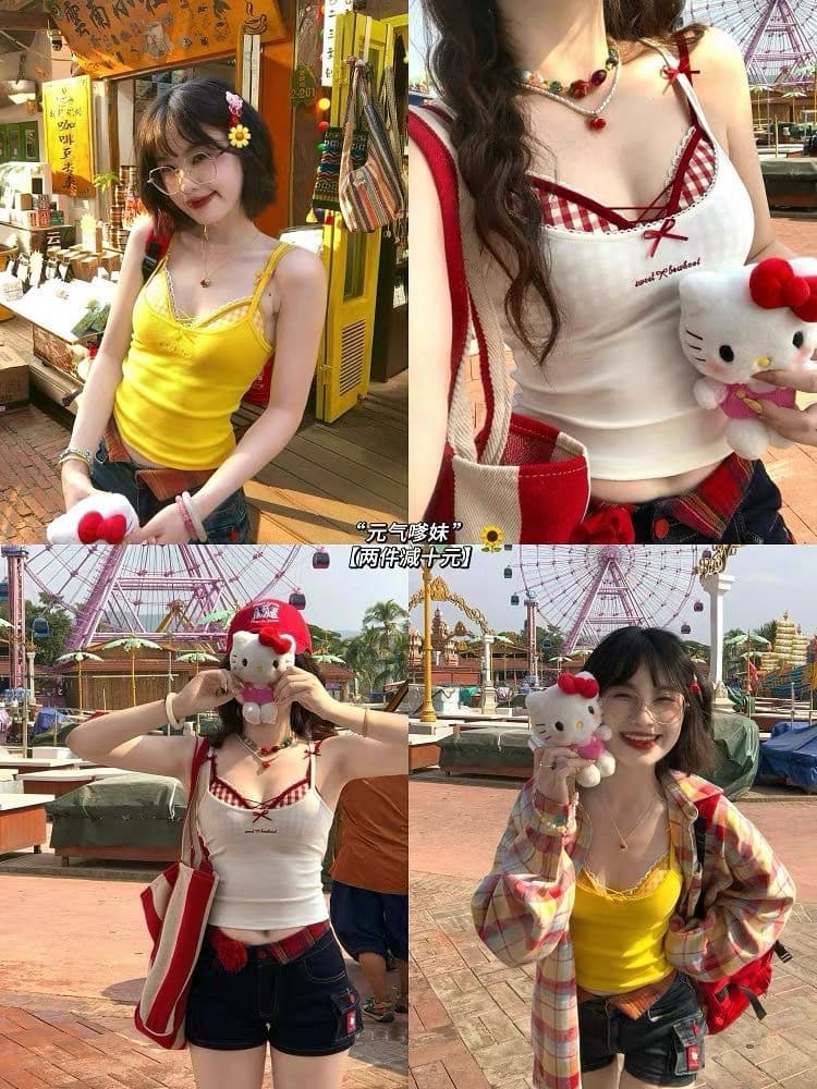 레이스 체크무늬 캐미솔 두 조각 여성 세트 여름 외출용 인사이드 가져 가라. 벨트 가슴 패드 해변가 착용 가져 가라. 아름다움 뒤로 황색 맨위 이미지 2