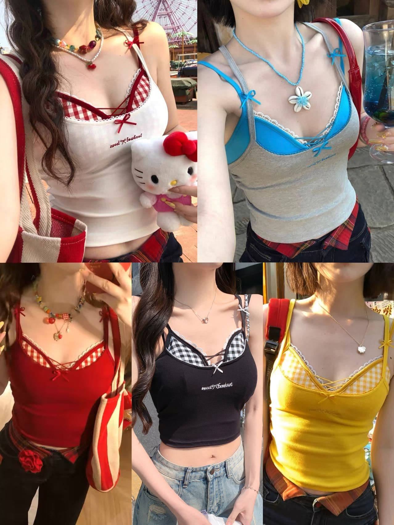 레이스 체크무늬 캐미솔 두 조각 여성 세트 여름 외출용 인사이드 가져 가라. 벨트 가슴 패드 해변가 착용 가져 가라. 아름다움 뒤로 황색 맨위 상세 이미지 1