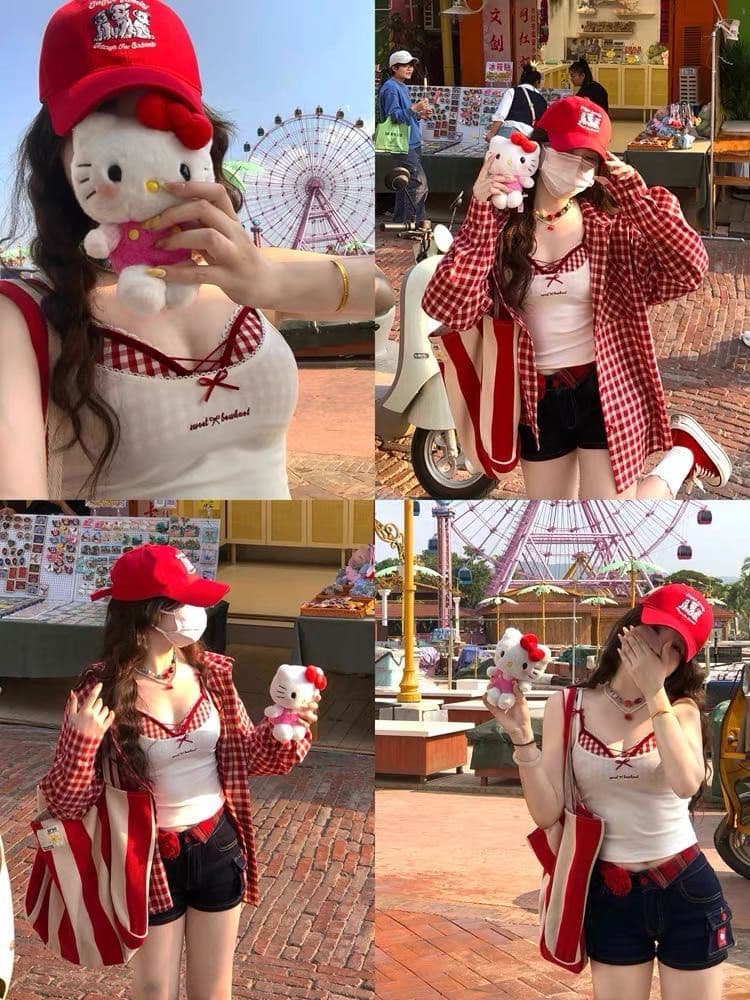 레이스 체크무늬 캐미솔 두 조각 여성 세트 여름 외출용 인사이드 가져 가라. 벨트 가슴 패드 해변가 착용 가져 가라. 아름다움 뒤로 황색 맨위 상세 이미지 5