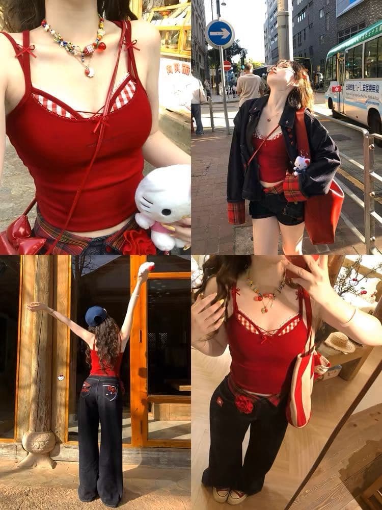 레이스 체크무늬 캐미솔 두 조각 여성 세트 여름 외출용 인사이드 가져 가라. 벨트 가슴 패드 해변가 착용 가져 가라. 아름다움 뒤로 황색 맨위 상세 이미지 6