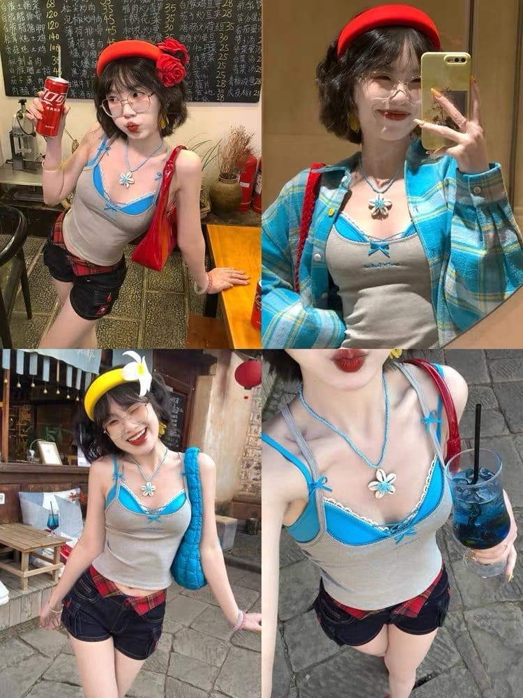 레이스 체크무늬 캐미솔 두 조각 여성 세트 여름 외출용 인사이드 가져 가라. 벨트 가슴 패드 해변가 착용 가져 가라. 아름다움 뒤로 황색 맨위 상세 이미지 7