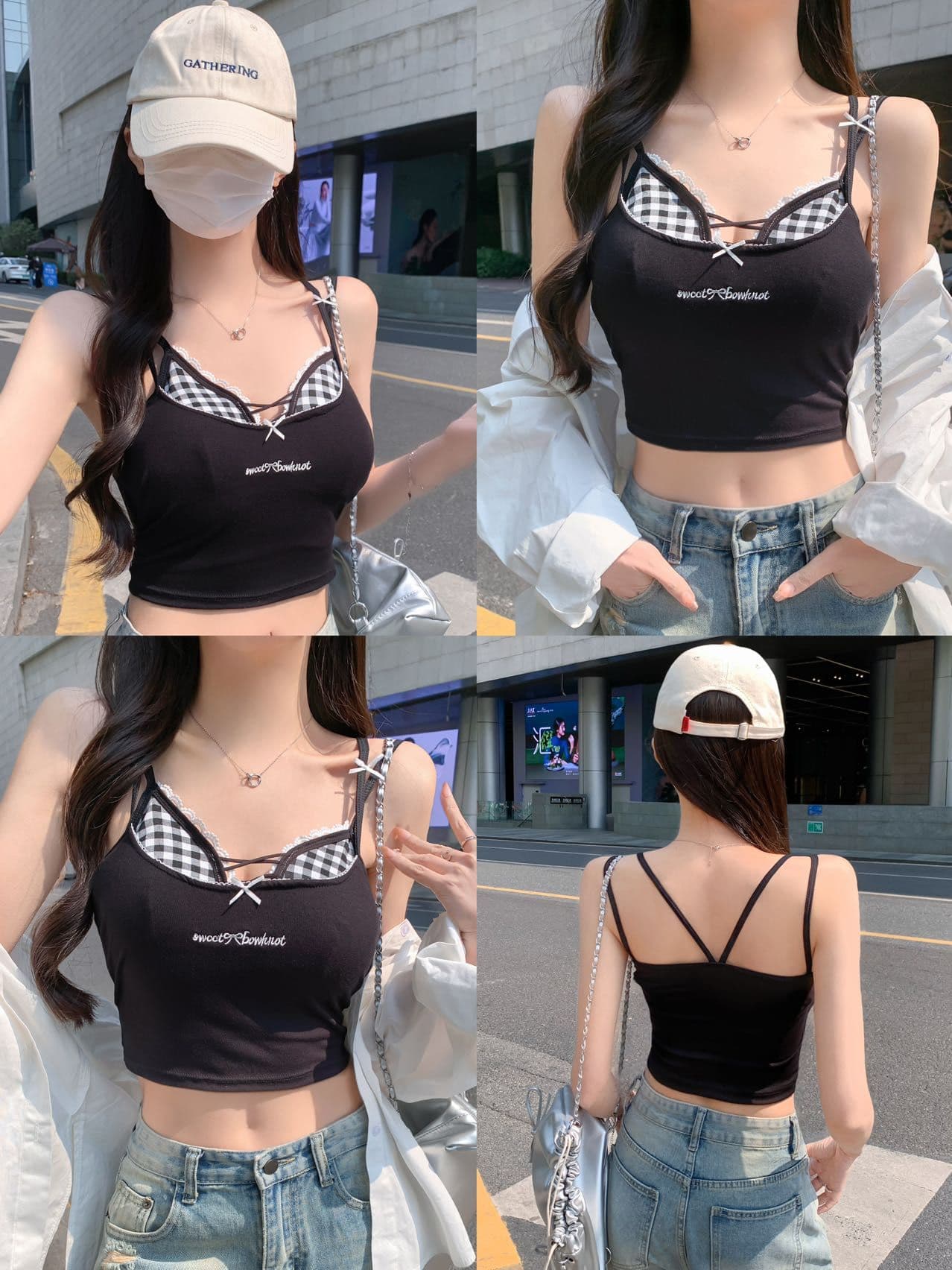 레이스 체크무늬 캐미솔 두 조각 여성 세트 여름 외출용 인사이드 가져 가라. 벨트 가슴 패드 해변가 착용 가져 가라. 아름다움 뒤로 황색 맨위 상세 이미지 8