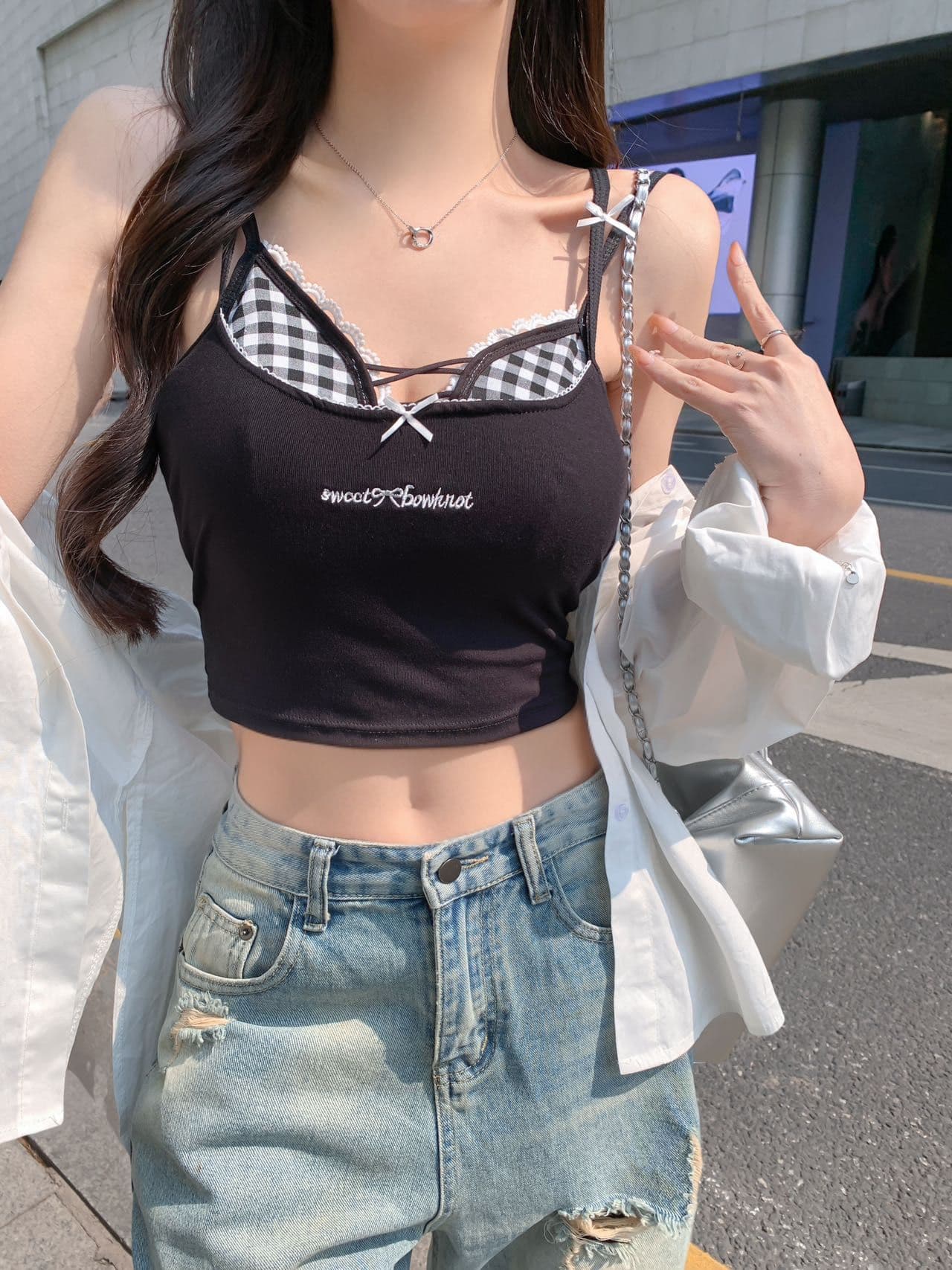 레이스 체크무늬 캐미솔 두 조각 여성 세트 여름 외출용 인사이드 가져 가라. 벨트 가슴 패드 해변가 착용 가져 가라. 아름다움 뒤로 황색 맨위 상세 이미지 19