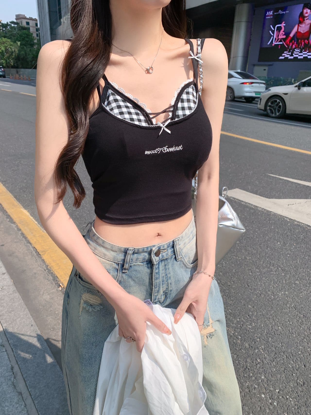 레이스 체크무늬 캐미솔 두 조각 여성 세트 여름 외출용 인사이드 가져 가라. 벨트 가슴 패드 해변가 착용 가져 가라. 아름다움 뒤로 황색 맨위 상세 이미지 20