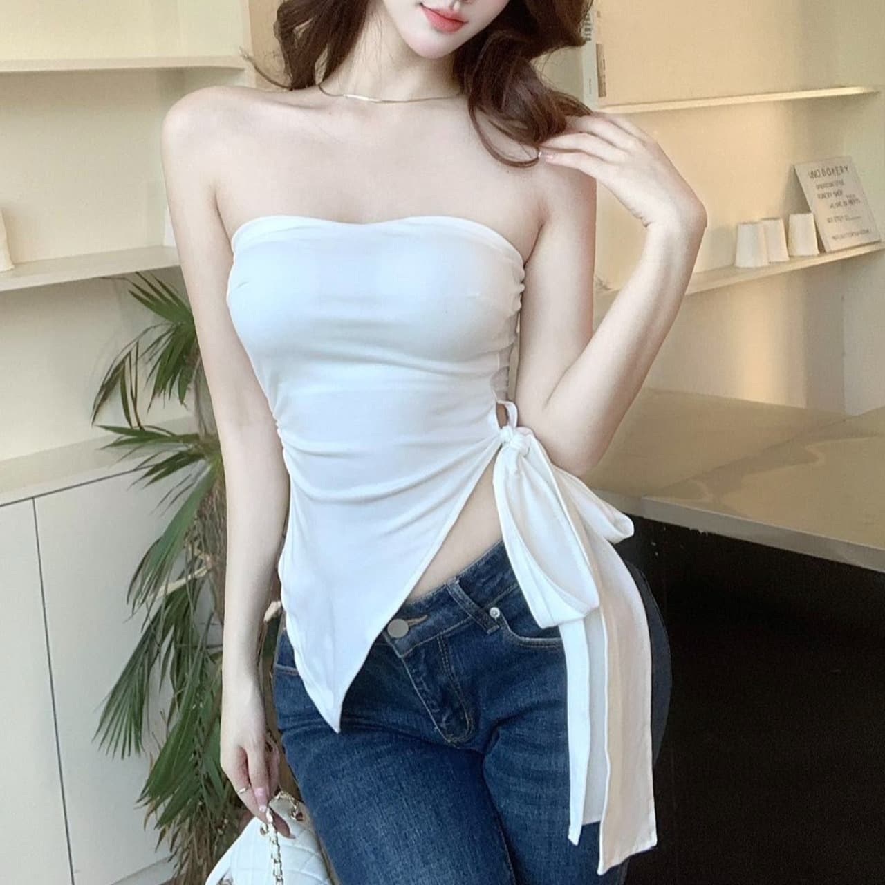 달콤한 핫걸 불규칙 허리 수축 단색 튜브탑 조끼 새로운 아메리칸 레트로 몸매 가꾸기 아름다움 뒤쪽에 의류