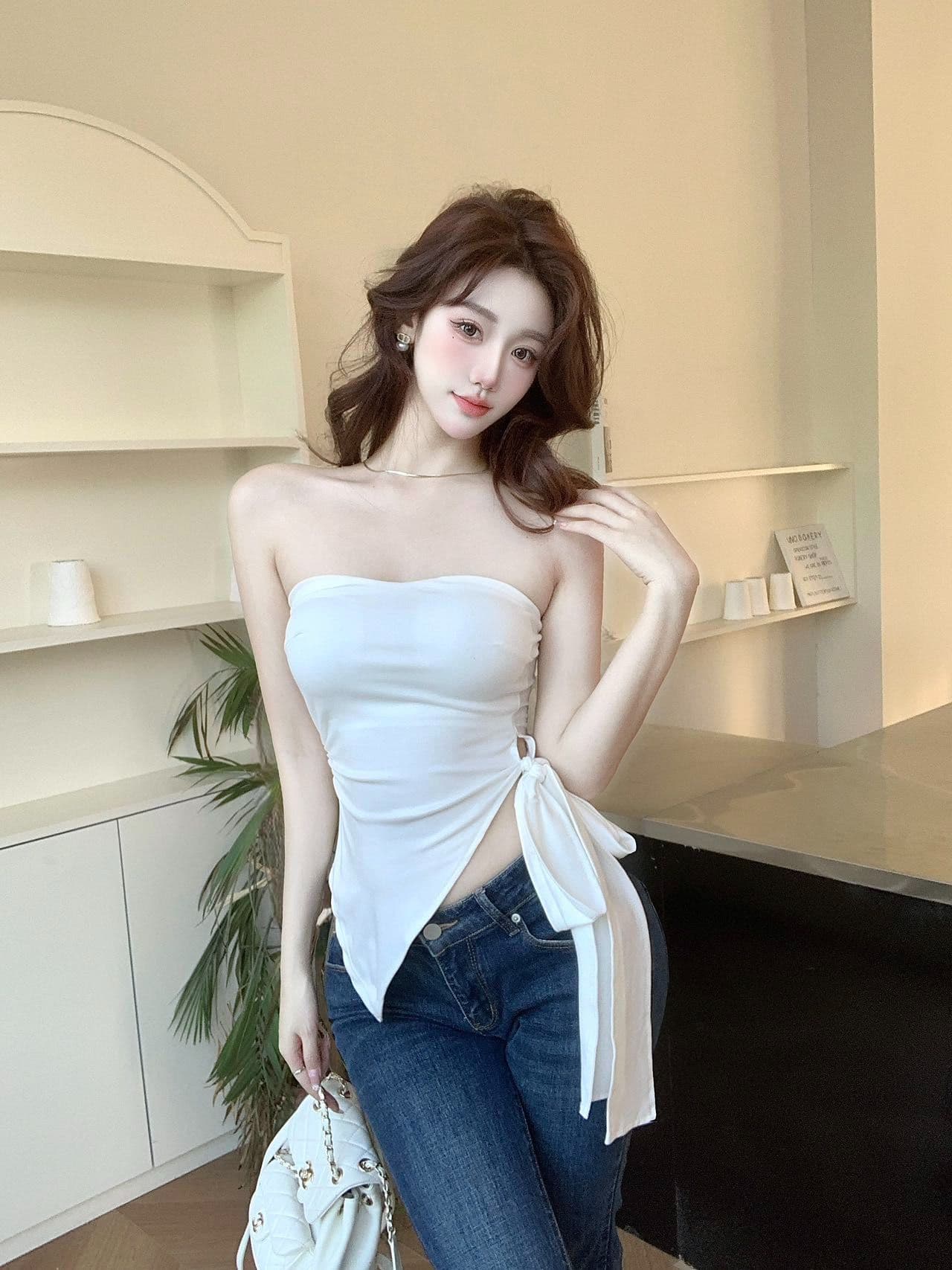 달콤한 핫걸 불규칙 허리 수축 단색 튜브탑 조끼 새로운 아메리칸 레트로 몸매 가꾸기 아름다움 뒤쪽에 의류 상세 이미지 17