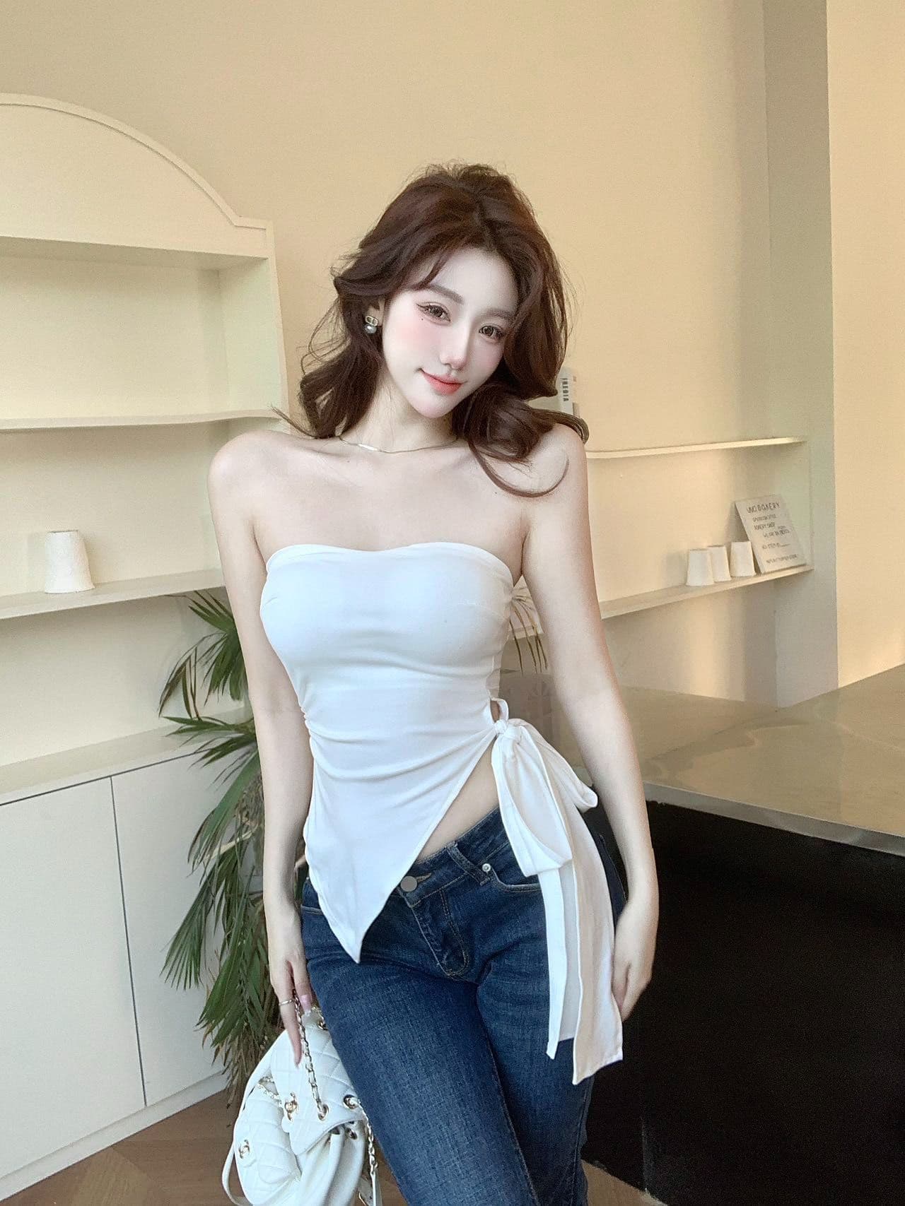 달콤한 핫걸 불규칙 허리 수축 단색 튜브탑 조끼 새로운 아메리칸 레트로 몸매 가꾸기 아름다움 뒤쪽에 의류 상세 이미지 19